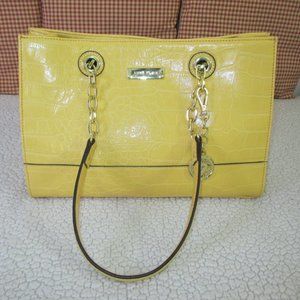 Anne Klein Purse Handbag Yellow Large Faux Leather Footed Large Shoulder Bag